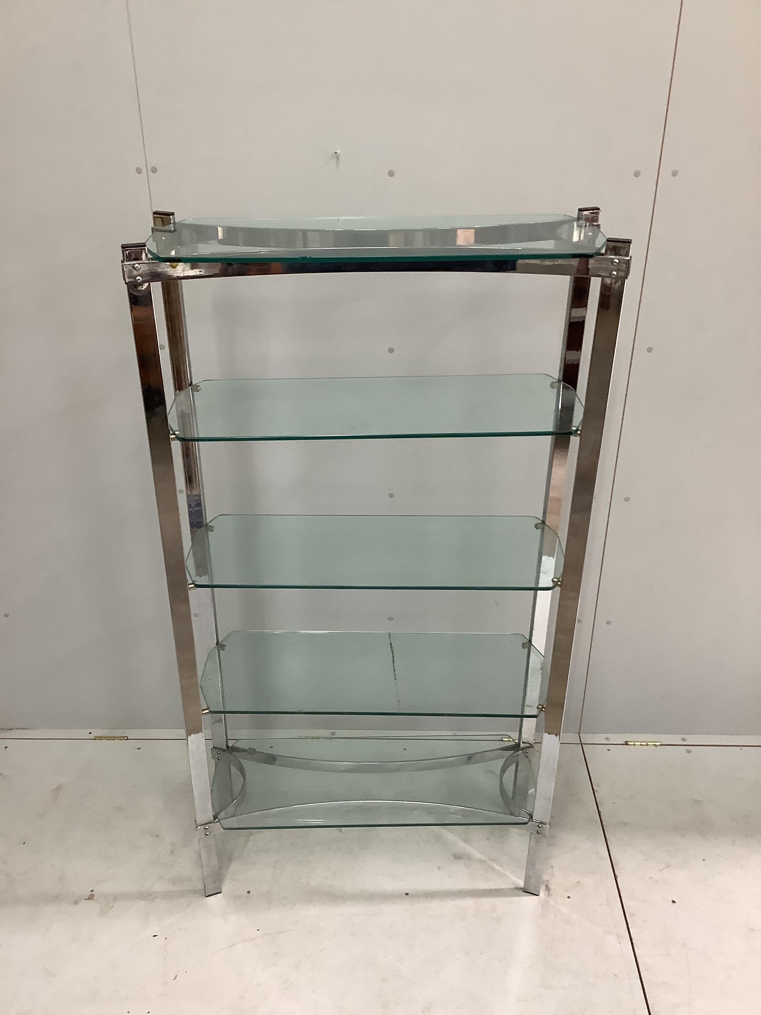 A contemporary chrome and glass four tier shelf unit, width 92cm, depth 31cm, height 175cm